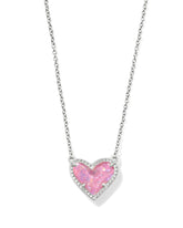 Ari Heart Silver Pendant Necklace in Pink Iridescent Glitter Glass