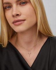 Large Cross 14k Yellow Gold Pendant Necklace in White Diamond