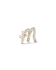Letter M 14k Yellow Gold Single Stud Earring in White Diamond