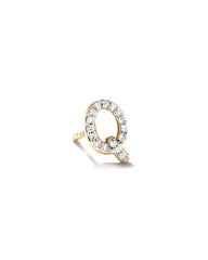 Letter Q 14k Yellow Gold Single Stud Earring in White Diamond