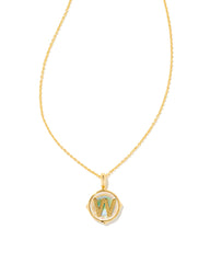Letter W Gold Disc Reversible Pendant Necklace in Iridescent Abalone