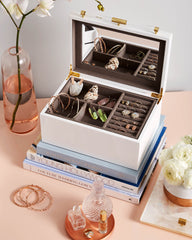 Medium Antique Brass Jewelry Box in White Lacquer