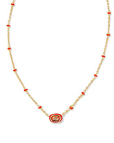 Mini Elisa Gold Enamel Frame Short Pendant Necklace in Variegated Orange Magnesite