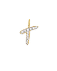 14k Yellow Gold Letter T Charm in White Diamond