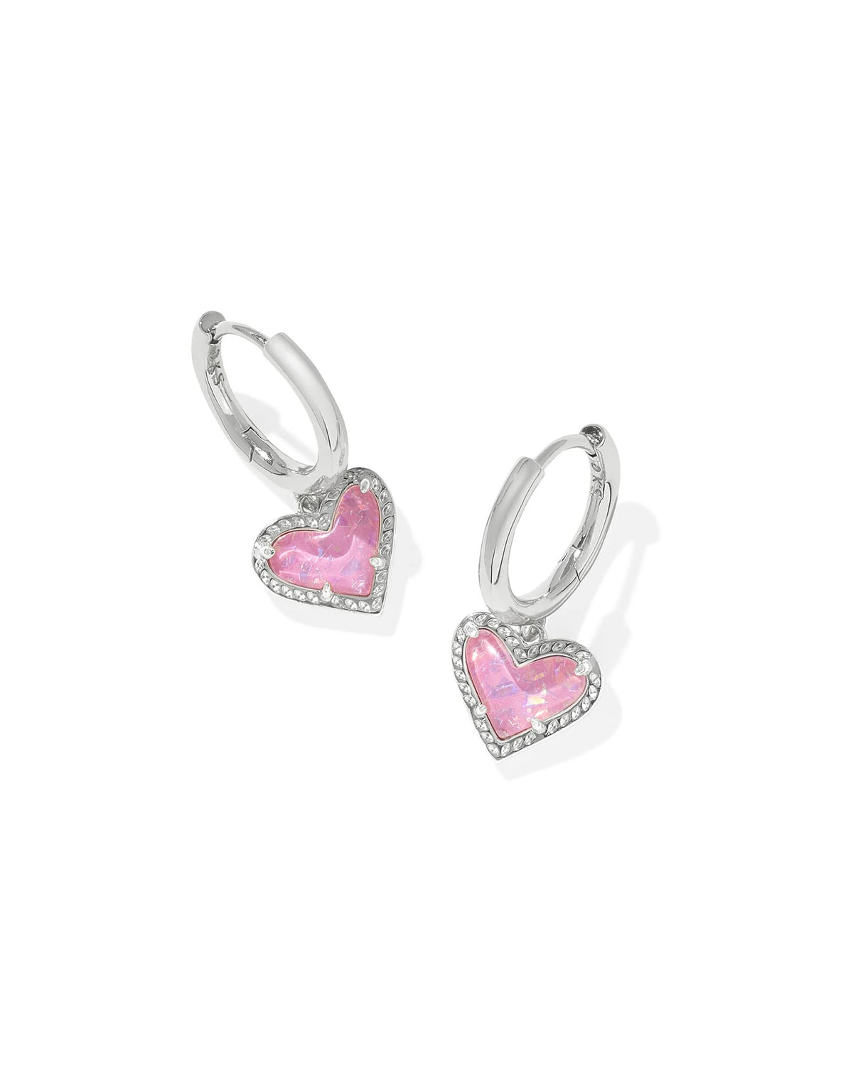 Ari Heart Silver Huggie Earrings in Pink Iridescent Glitter Glass