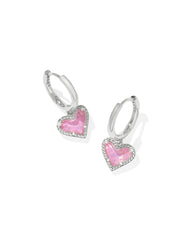 Ari Heart Silver Huggie Earrings in Pink Iridescent Glitter Glass