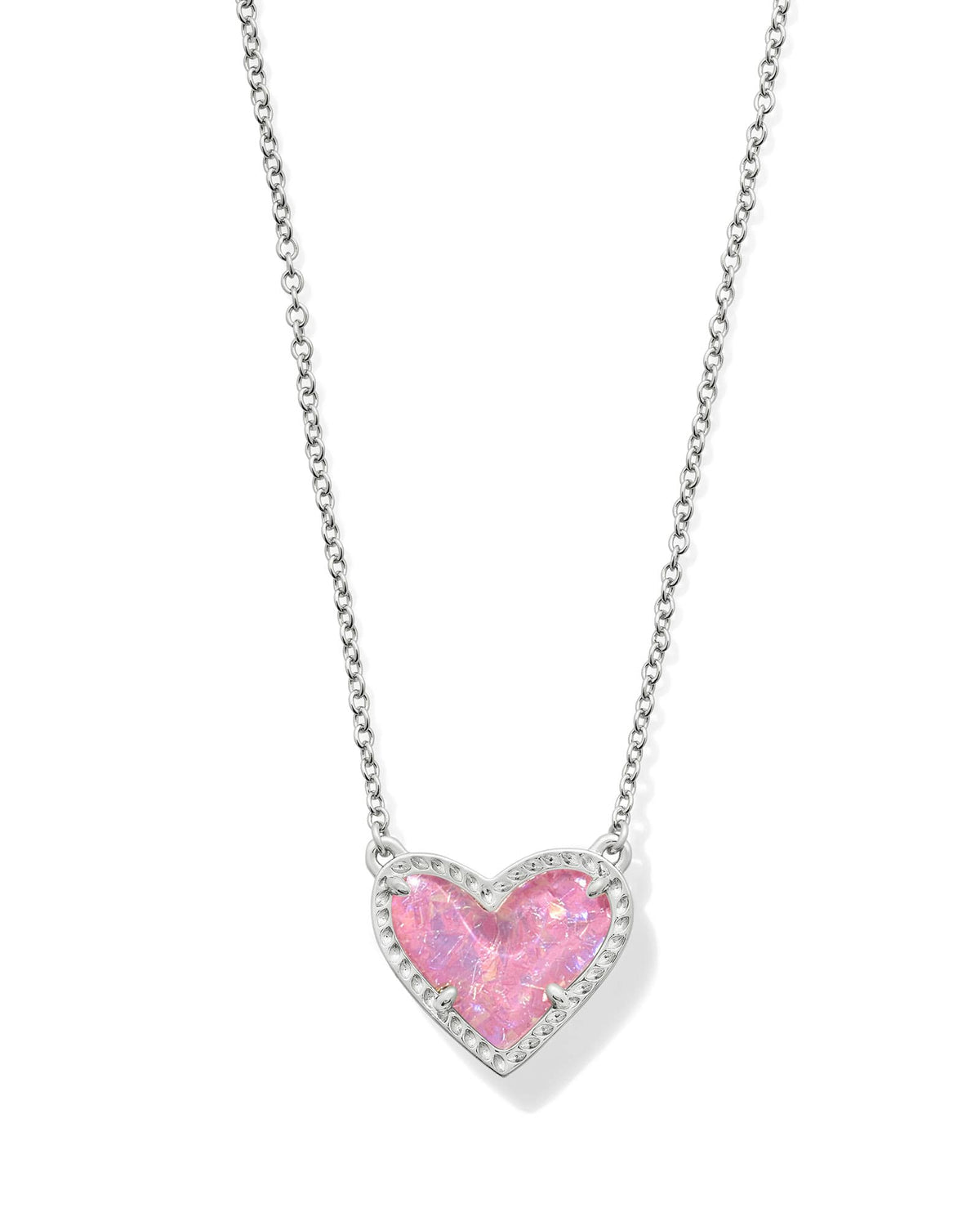 Ari Heart Silver Pendant Necklace in Pink Iridescent Glitter Glass