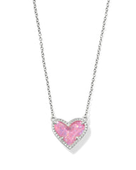 Ari Heart Silver Pendant Necklace in Pink Iridescent Glitter Glass