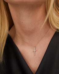 Large Cross 14k Yellow Gold Pendant Necklace in White Diamond