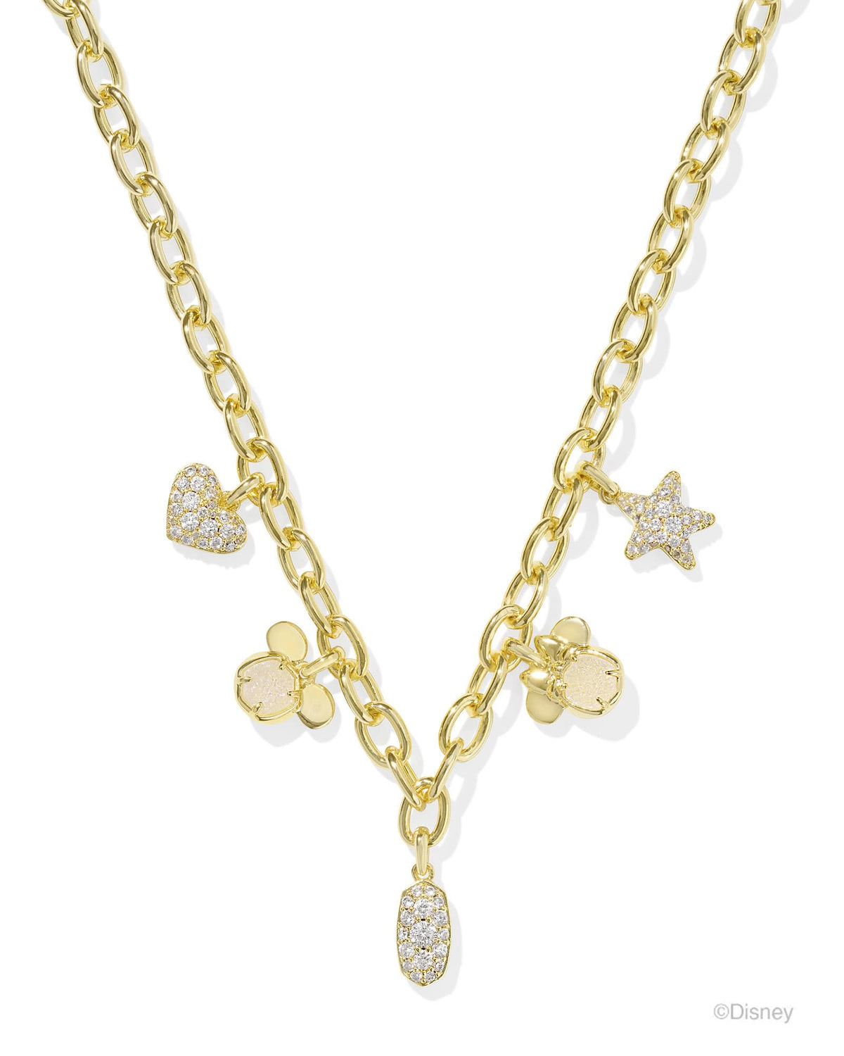Disney | Kendra Scott Gold Mickey Mouse and Minnie Mouse Charm Necklace in Iridescent White Mix