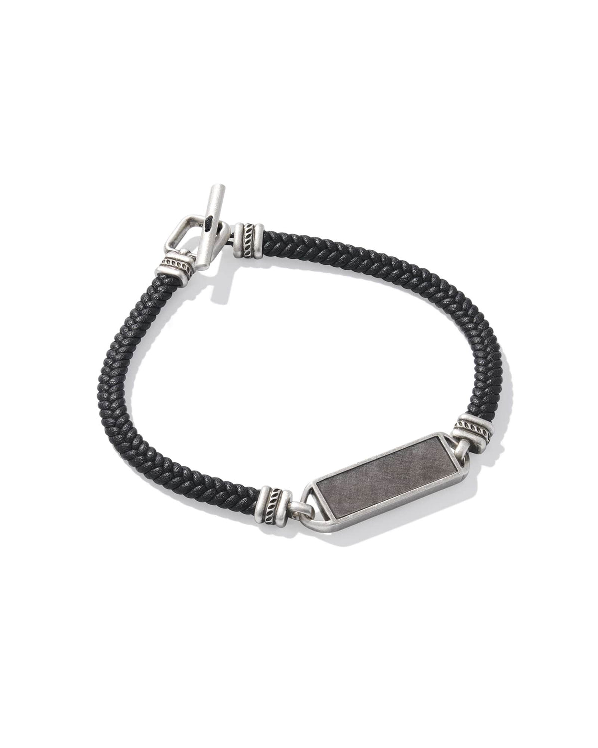 Maverick Oxidized Sterling Silver Stone Leather Bracelet in Silver Sheen Obsidian and Black Leather