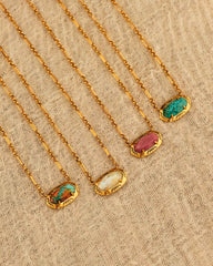 Elisa Vintage Gold Etch Frame Short Pendant Necklace in Variegated Turquoise Magnesite