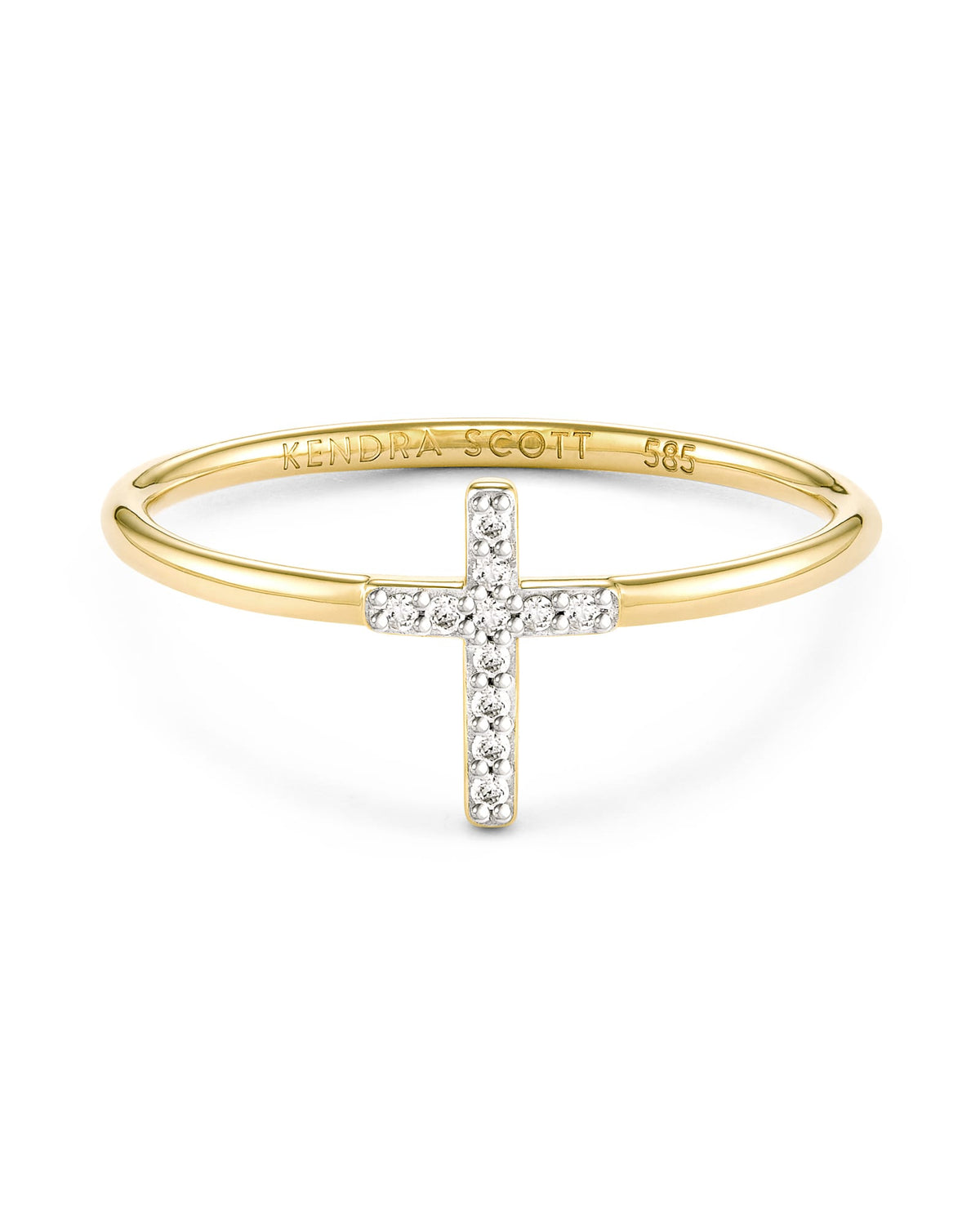 Cross 14k Yellow Gold Band Ring in White Diamond