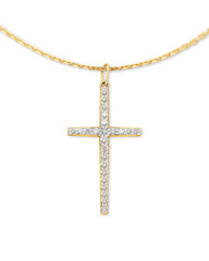Large Cross 14k Yellow Gold Pendant Necklace in White Diamond