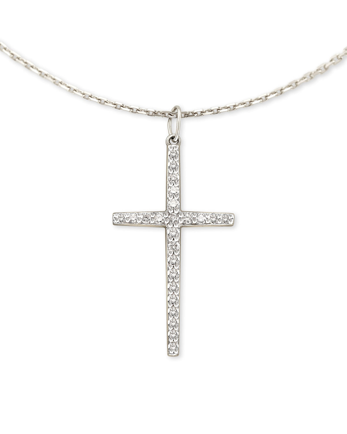 Large Cross 14k White Gold Pendant Necklace in White Diamond
