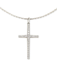 Large Cross 14k White Gold Pendant Necklace in White Diamond
