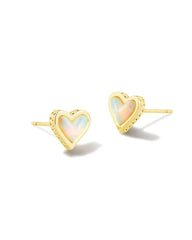 Framed Ari Heart Gold Stud Earrings in White Opalescent Resin