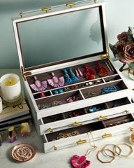 Large Antique Brass Jewelry Box in White Lacquer