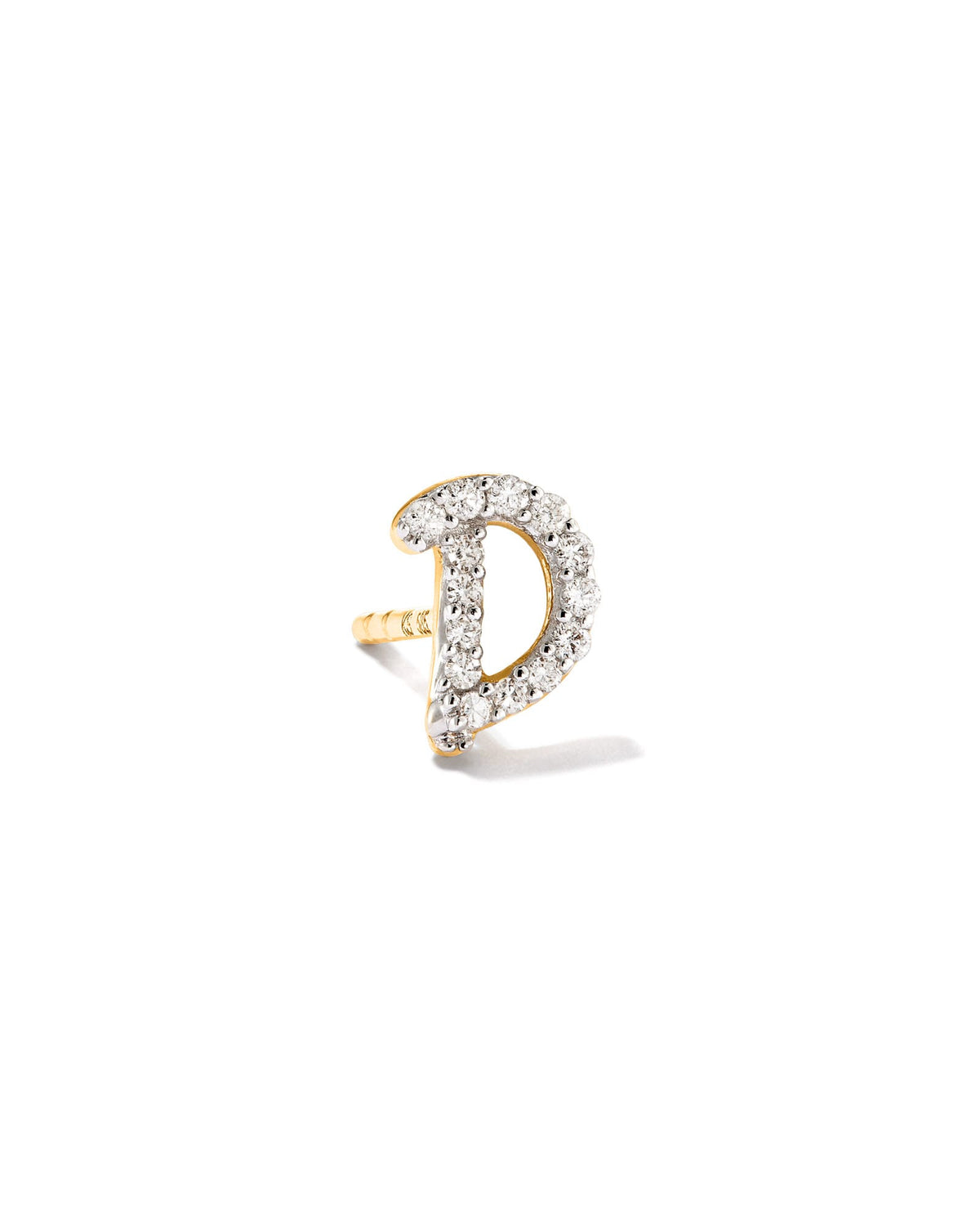Letter D 14k Yellow Gold Single Stud Earring in White Diamond