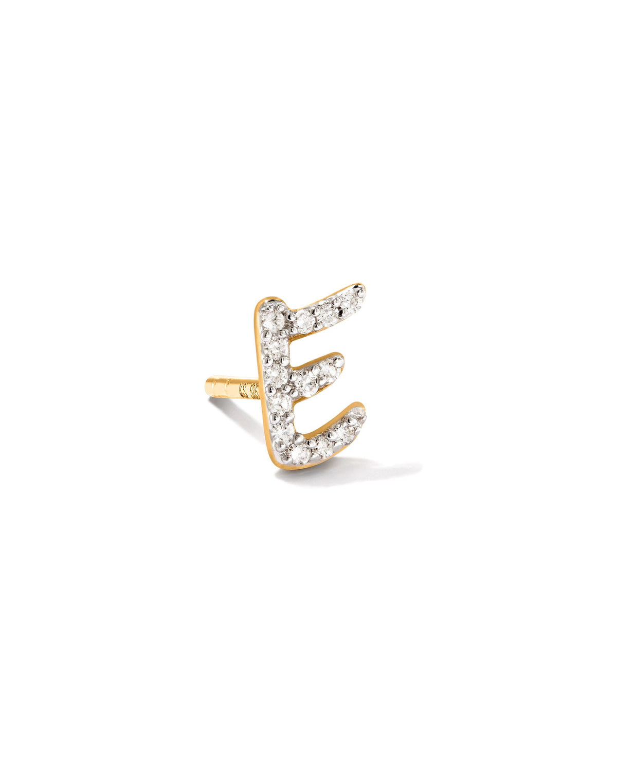 Letter E 14k Yellow Gold Single Stud Earring in White Diamond