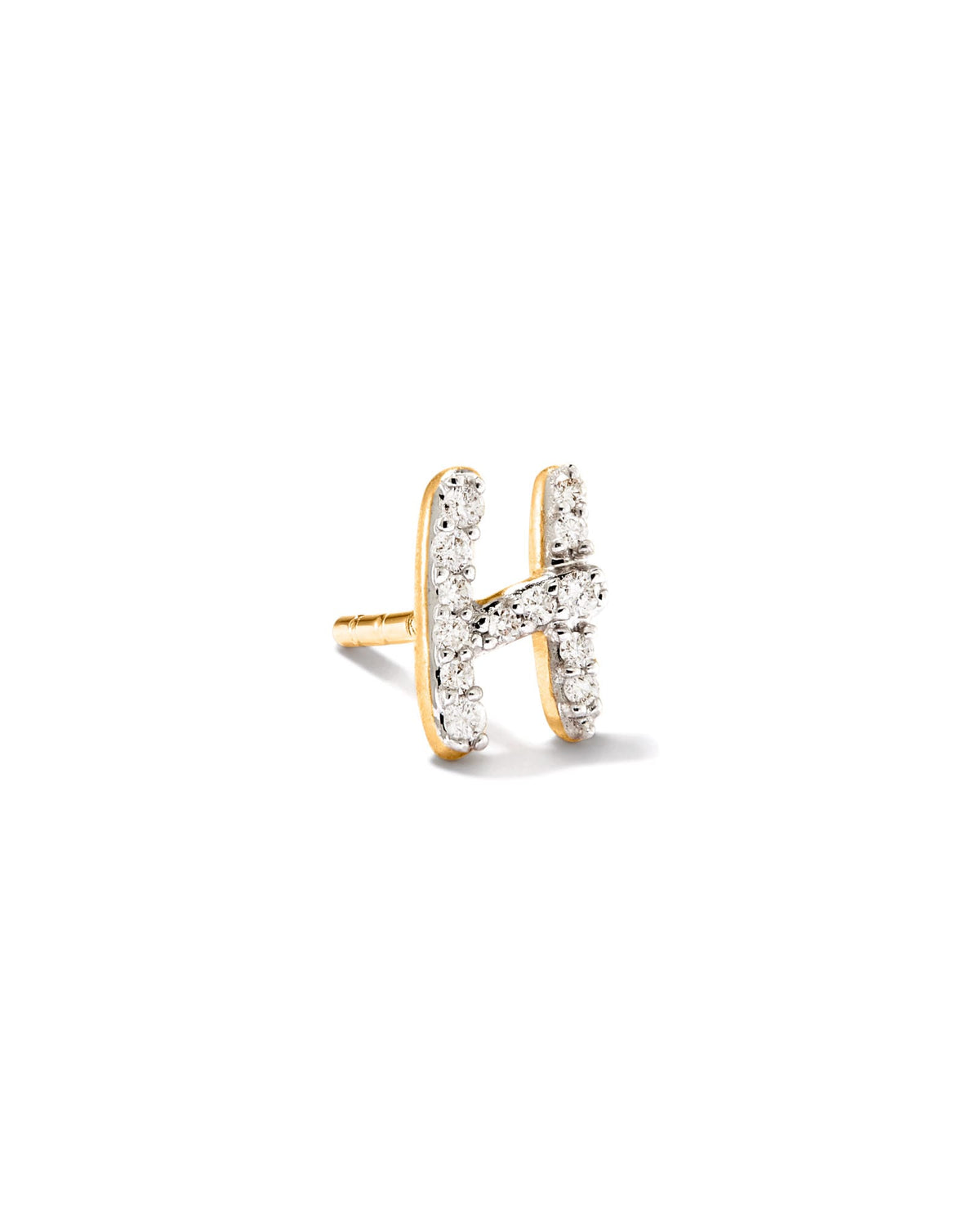 Letter H 14k Yellow Gold Single Stud Earring in White Diamond