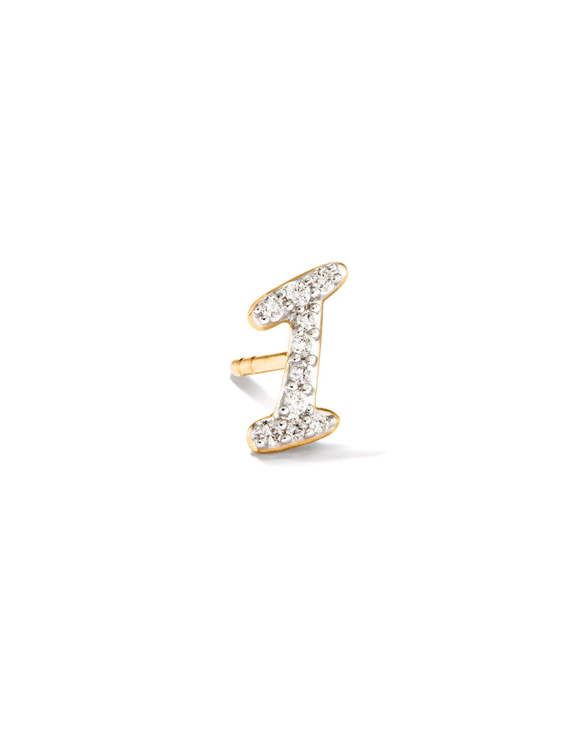 Letter I 14k Yellow Gold Single Stud Earring in White Diamond