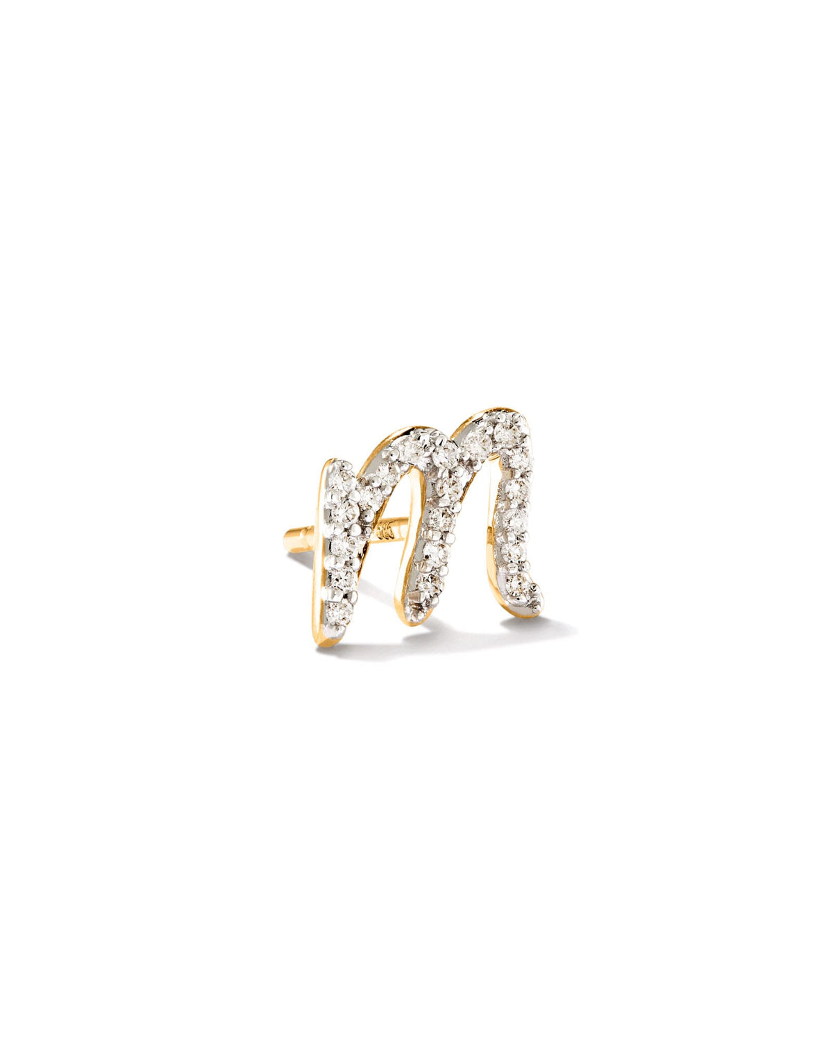 Letter M 14k Yellow Gold Single Stud Earring in White Diamond