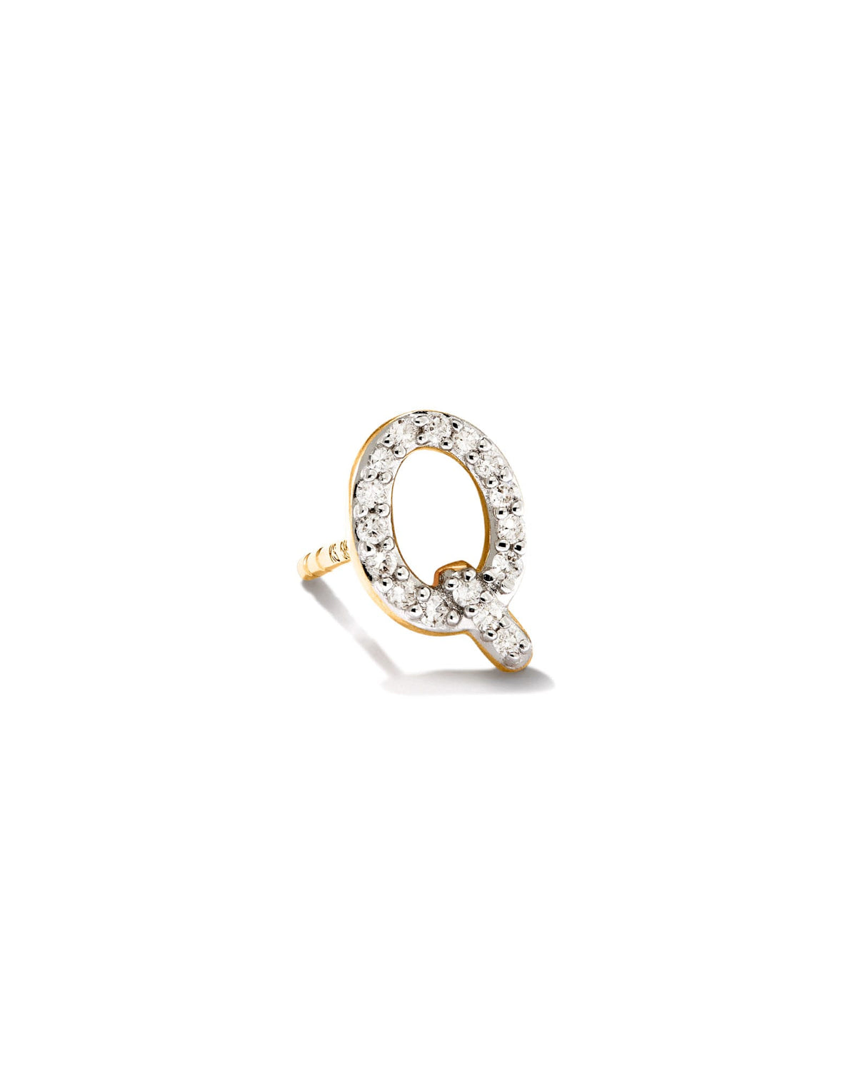 Letter Q 14k Yellow Gold Single Stud Earring in White Diamond