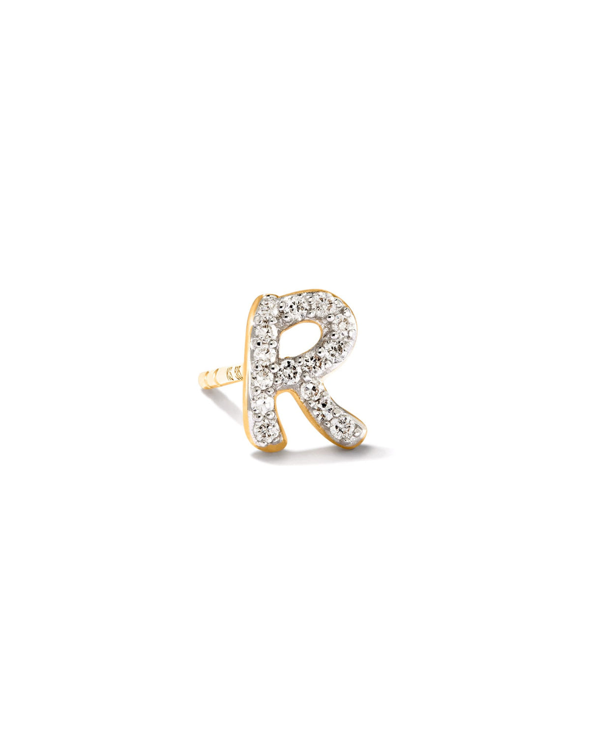Letter R 14k Yellow Gold Single Stud Earring in White Diamond