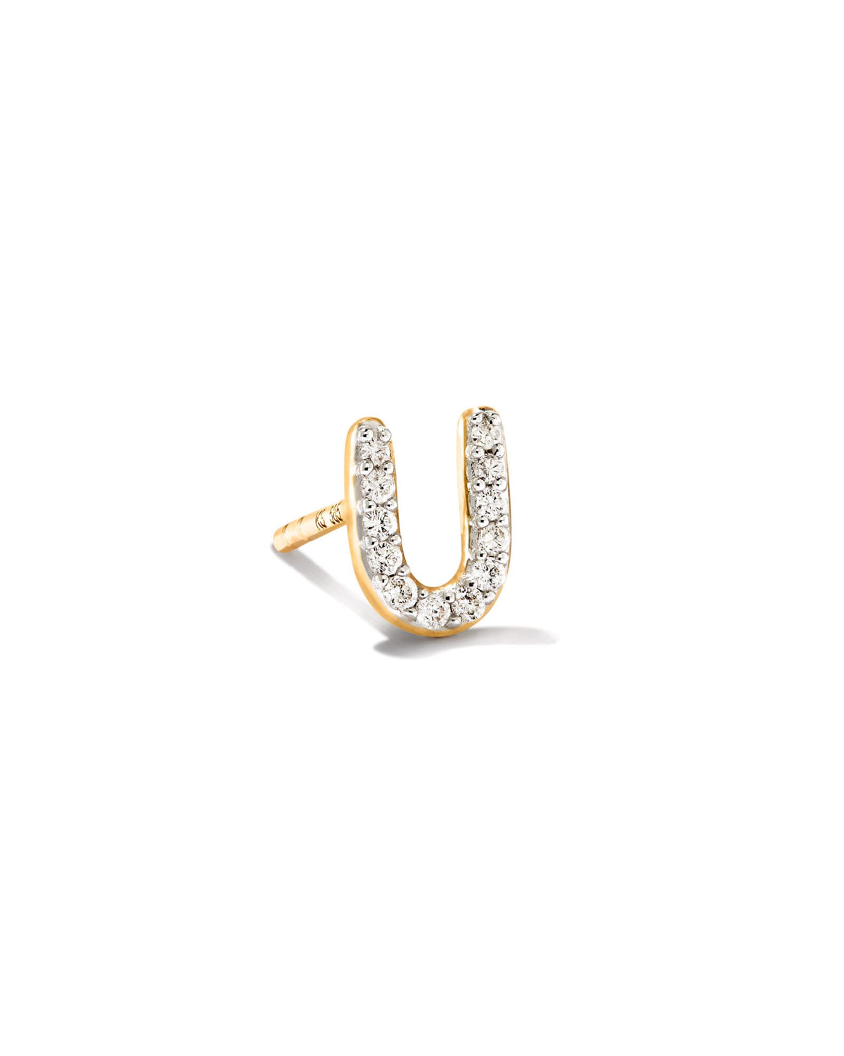 Letter U 14k Yellow Gold Single Stud Earring in White Diamond