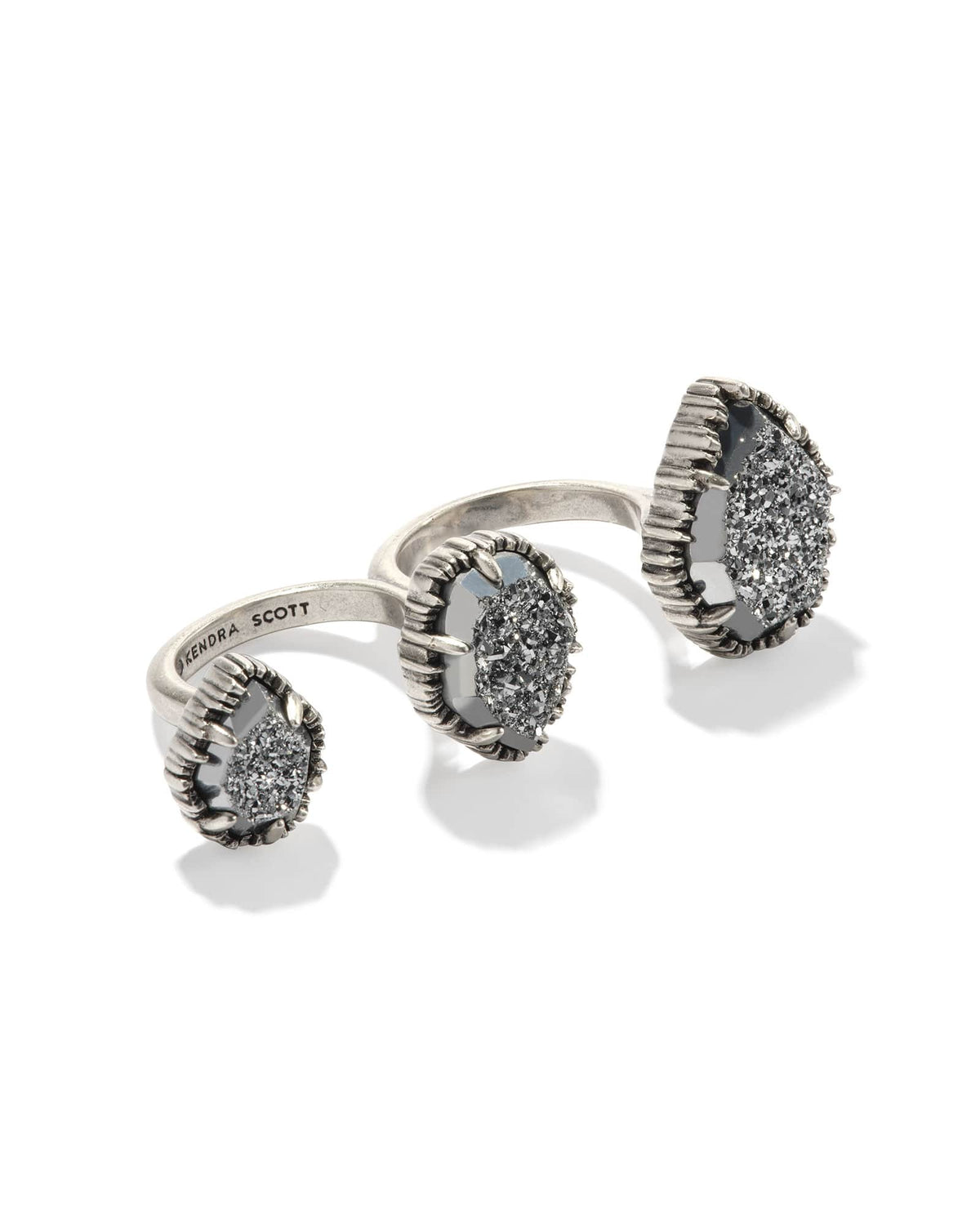 Naomi Vintage Silver Two Finger Statement Ring in Platinum Drusy
