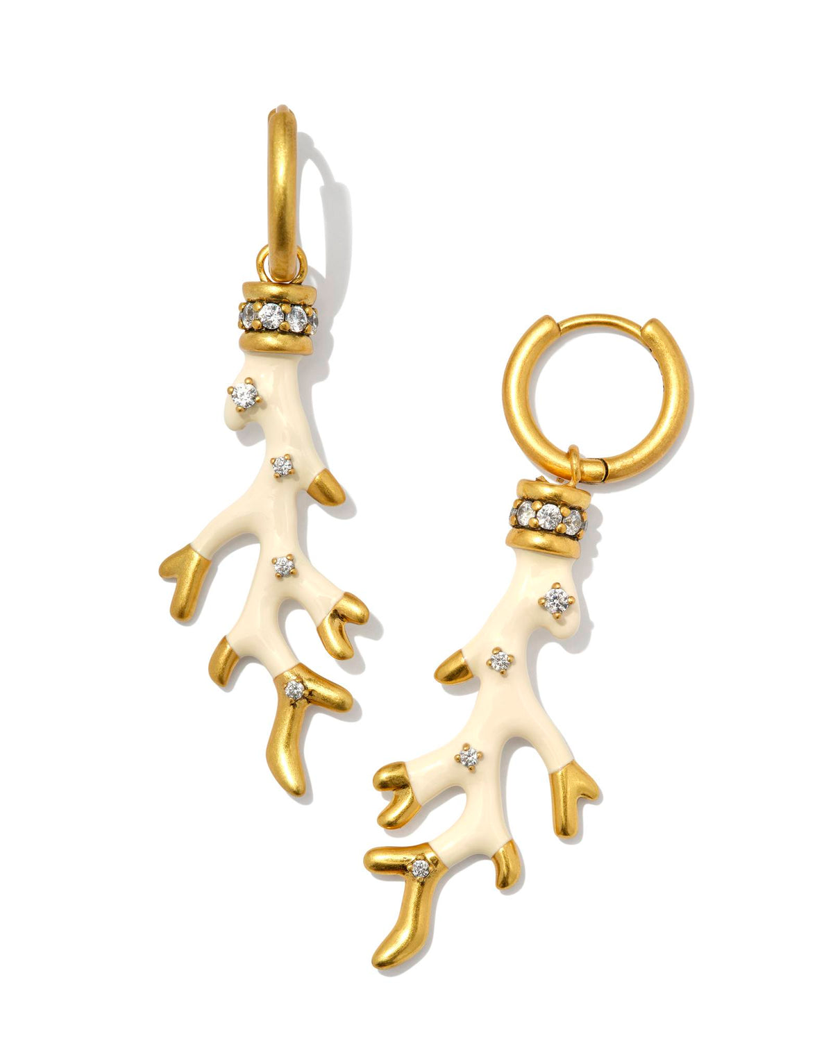 Shea Convertible Vintage Gold Huggie Earrings in Ivory Enamel