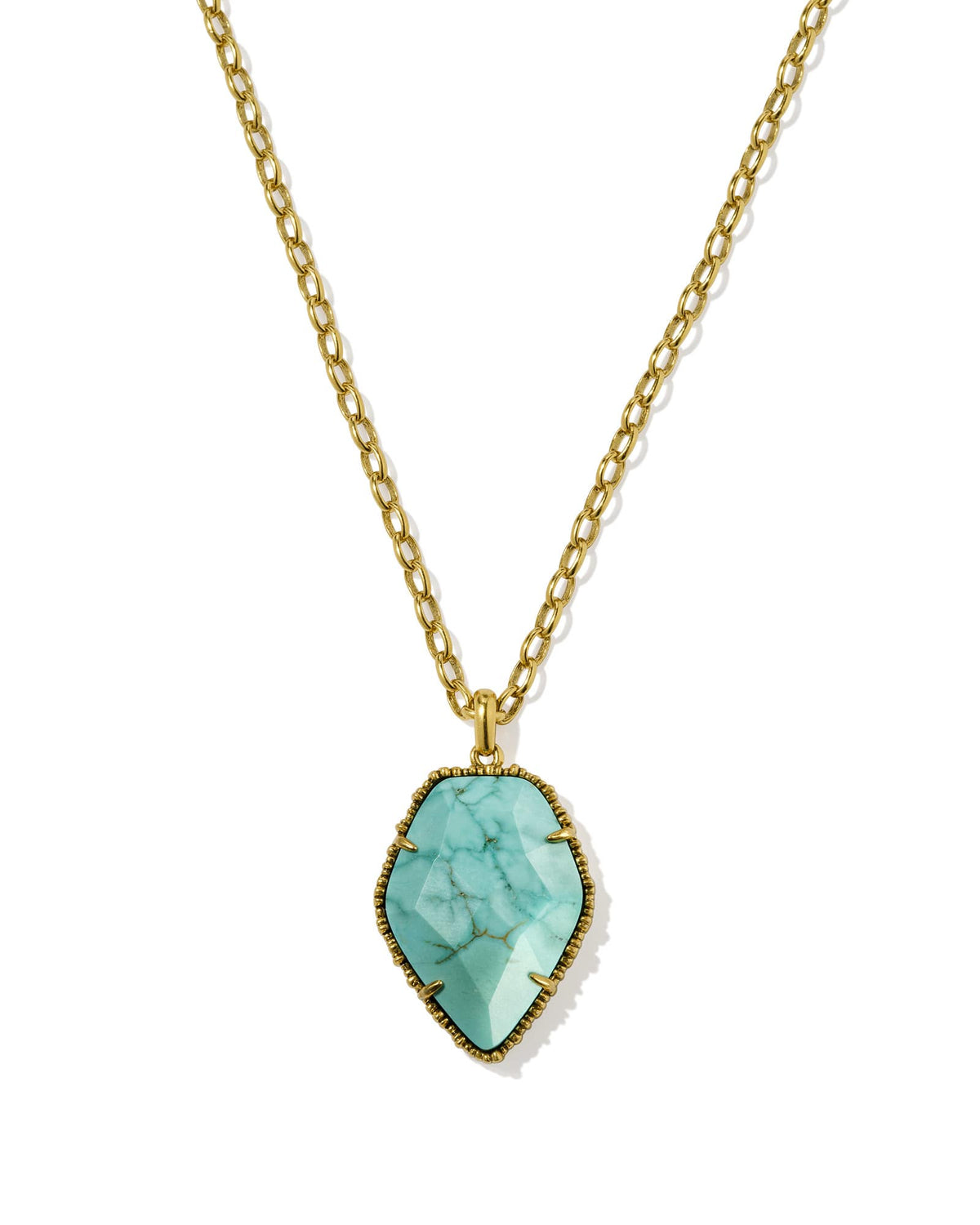 Tessa Vintage Gold Small Long Pendant Necklace in Variegated Turquoise Magnesite