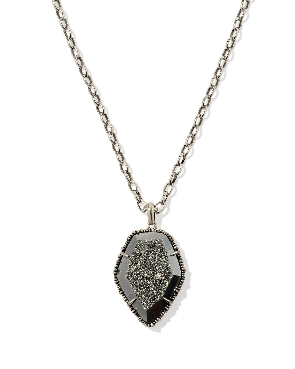 Tessa Vintage Silver Small Long Pendant Necklace in Platinum Drusy