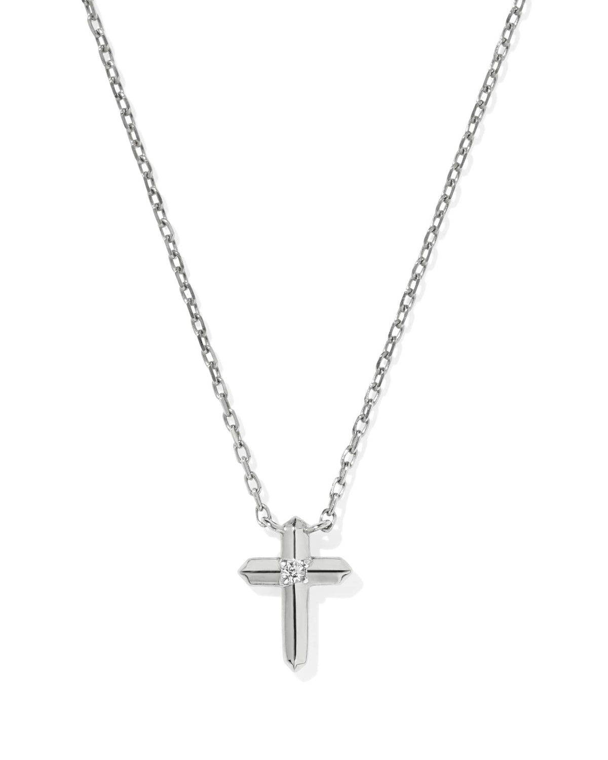 Tiny Cross 14k White Gold Pendant Necklace in White Diamond